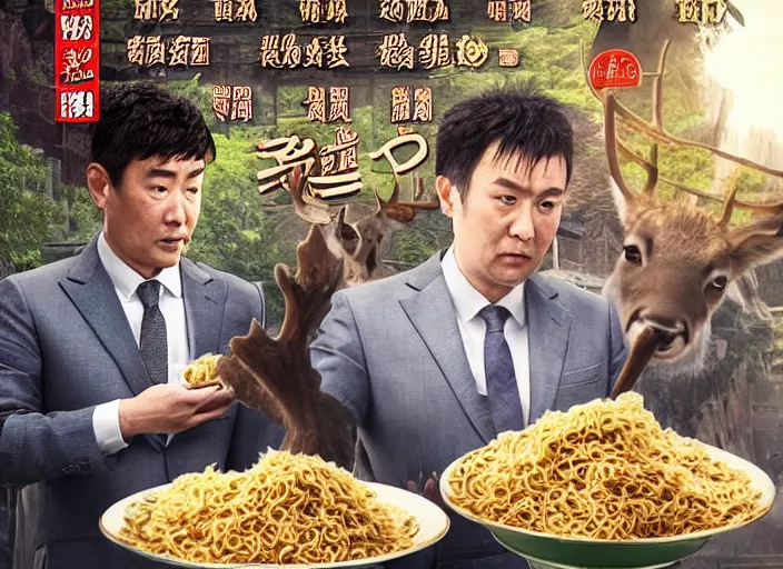 Prompt: a very high resolution image from a new movie, two deer wearing suits are eat instant noodles in a shabby temple directed by zhangke jia