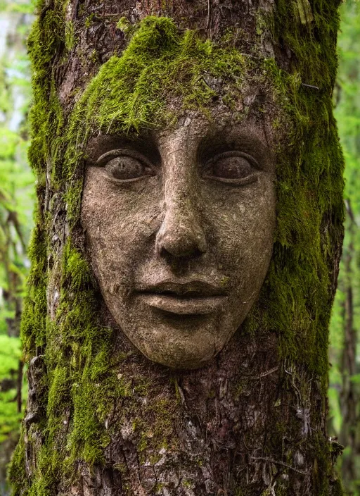 Image similar to photograph of hyperrealistic detailed ancient face in the shape of a tree covered with bark and moss, in a mysterious forest