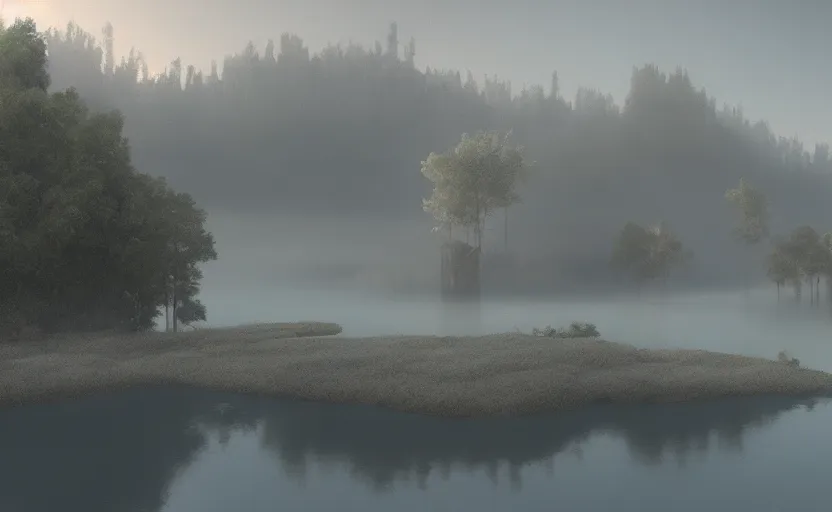 Image similar to a strange lake directed by charlie kaufman ( 2 0 0 1 ) anamorphic lenses, foggy volumetric light before sunrise, cinematic trending on artstation in the style of greg rutkowski
