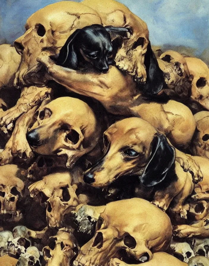 Image similar to Dachshund on top of a pile of human skulls, painting by Frank Frazetta