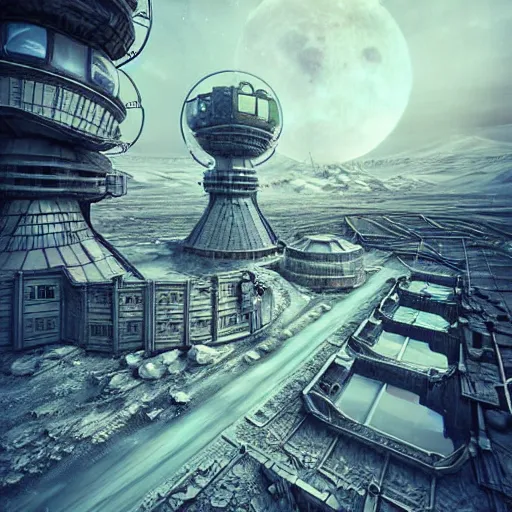 Prompt: Сyberpunk style photo in a Russian city on the Moon, Neo Norilsk, sci-fi, fantasy, intricate, very very beautiful, elegant, highly detailed, smooth, Unreal Engine 5, sharp focus, by Evgeny Zubkov, by Marat Zakirov, trending on Behance