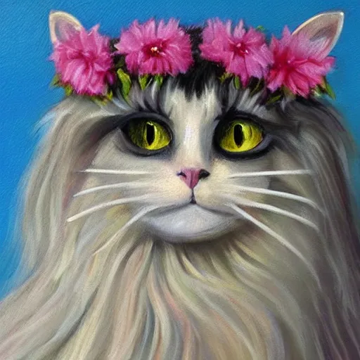 Image similar to anthromorphic fluffy long haired cat dressed in tutu with flower crown, detailed 4 k oil painting