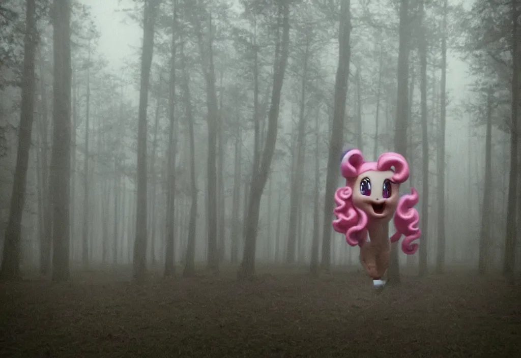 Image similar to low quality iphone photo of pinkie pie standing ominously deep in the foggy woods with a demonic smile in his face, low visibility, grainy, creepy