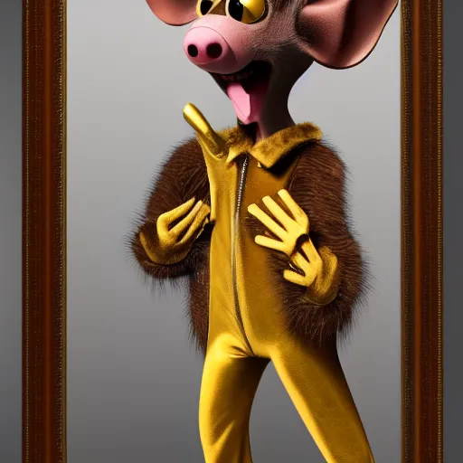 Image similar to 3d anthropomorphic rat, pixar, holding pistol, velvet, fur coat, high quality, expensive silk, gold detailing, fendi, high fashion