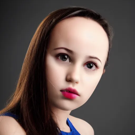 Image similar to photograph of girl with big forehead with square face and small bird beak lips and small round nose and dark black, high detail 8k,