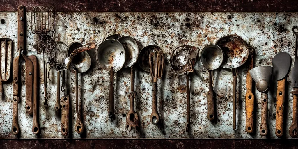 Image similar to decaying rotting puppies, moldy, on an antique distressed table top, metal kitchen utensils, old kitchen backdrop angled view, dark kitchen, style by peter lippmann, intricate detail,