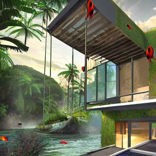 Prompt: a modern house with lots of fish tanks with tropical fish, digital art, trending on artstation, hdr, fantasy art