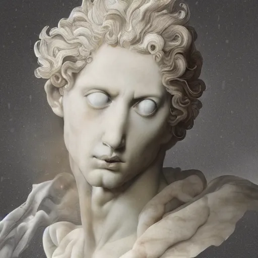 Prompt: realistic digital painting of a stunning intricate cracked white marble falling angel with face of a young piero angela bernini sculpture, trailing white vapor, mycelium stands and misty xparticles neutral tone background, trending on artstation, hyperrealism, matte painting, subsurface scattering