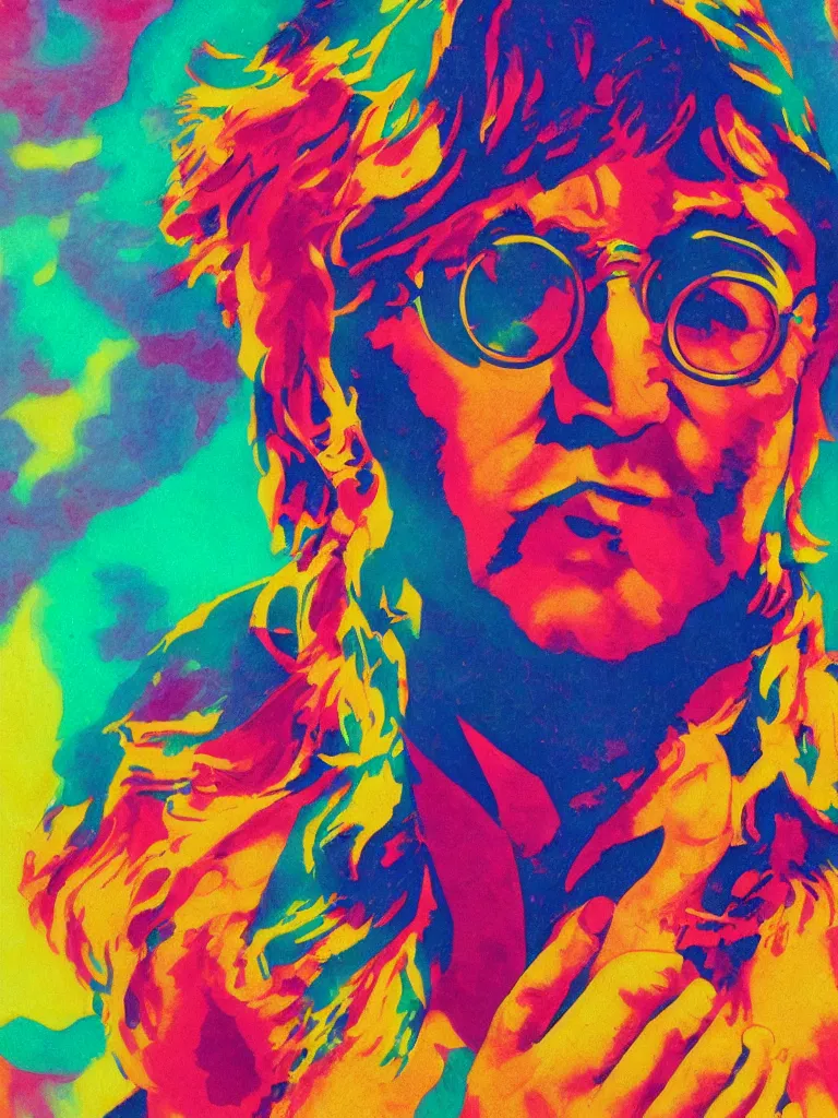 Prompt: a closeup portrait of john lennon wearing colorful psychedelic clothing, taking mind altering drugs, a blotter paper of lsd acid and dreaming psychedelic hallucinations in a vast beautiful landscape, by kawase hasui, moebius, edward hopper, colorful flat surreal design, dramatic lighting, hd, 8 k, artstation