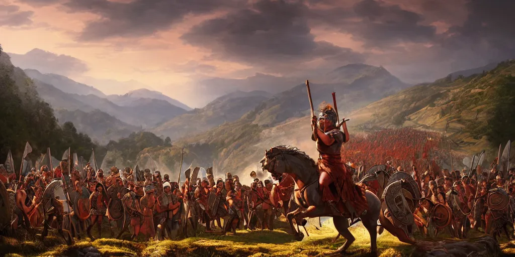 Image similar to Caesar leading roman legions over hills into battle, stunning lighting, beautiful scenery, digital painting, 4k