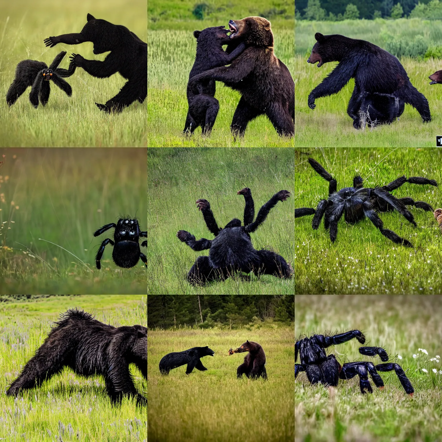 Prompt: detailed photo of a giant black spider arachnid fighting a bear in a meadow, spider legs large