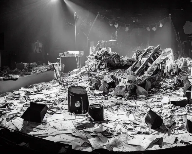 Prompt: paper mache diorama of a stage at a club, dim lights, debris, centered, by Terry Richardson, 8k, concert documentary, b&w photography, cinematography by Jim Jarmusch