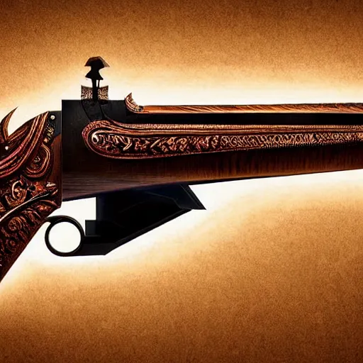 Image similar to a magic shotgun made out of wood, glowing in power, digital art, intricate details, professional