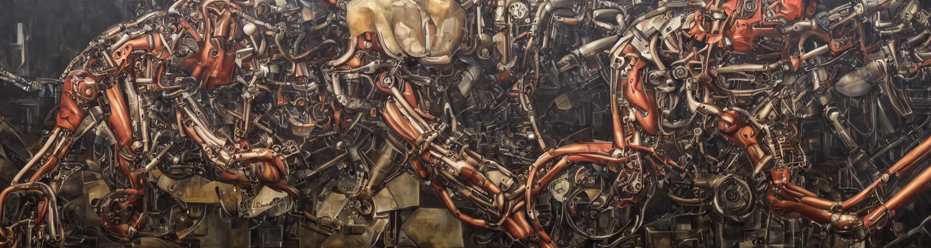 Prompt: mechanical arm reaching the heart of a human, oil painting, hyper detailed