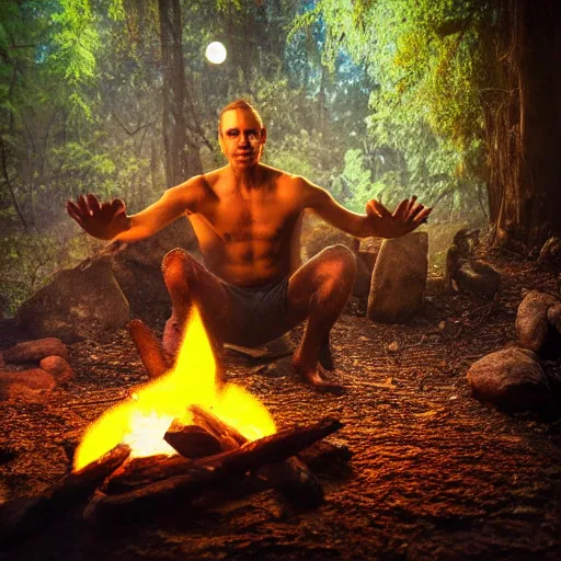 Image similar to spartan doing ayahuasca ritual at camp fire, jungle background, full moon with stars, hyper realistic award winning photographic portrait, dramatic cinematic lighting