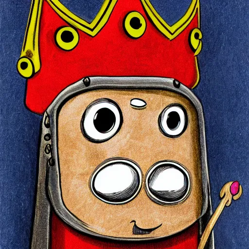 Image similar to a cartoon style bean with eyes and a mouth, holding a staff, wearing kings crown, cartoon, art, cartoon realism,