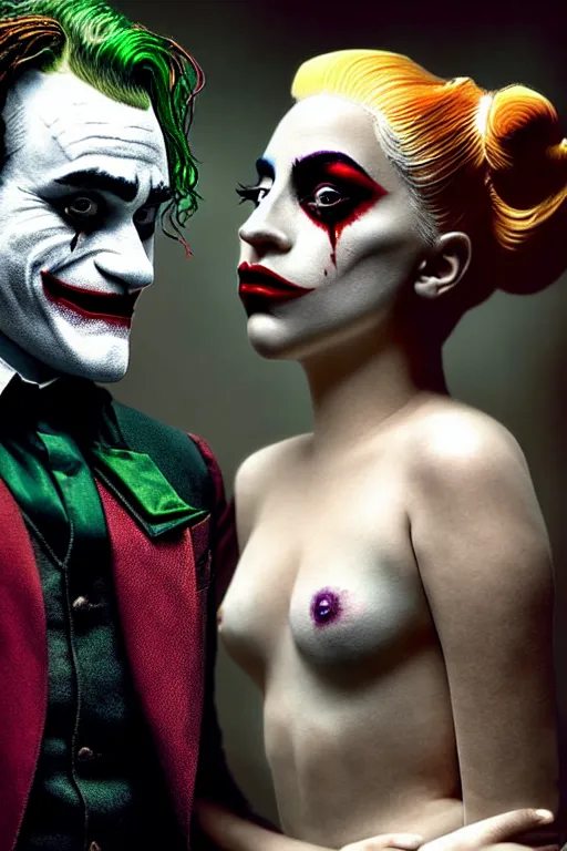 Image similar to joaquin phoenix joker with harley queen lady gaga, photorealistic, ultrarealistic, smooth, 4 k, aesthetic lighting, baroque object, sharp focus, hyperdetailed, professional photography, pullitzer winning, 8 0 0 photo by : canon eos 5 d mark iv, by karah mew and adnan abidi and jodie bateman and ansel adams