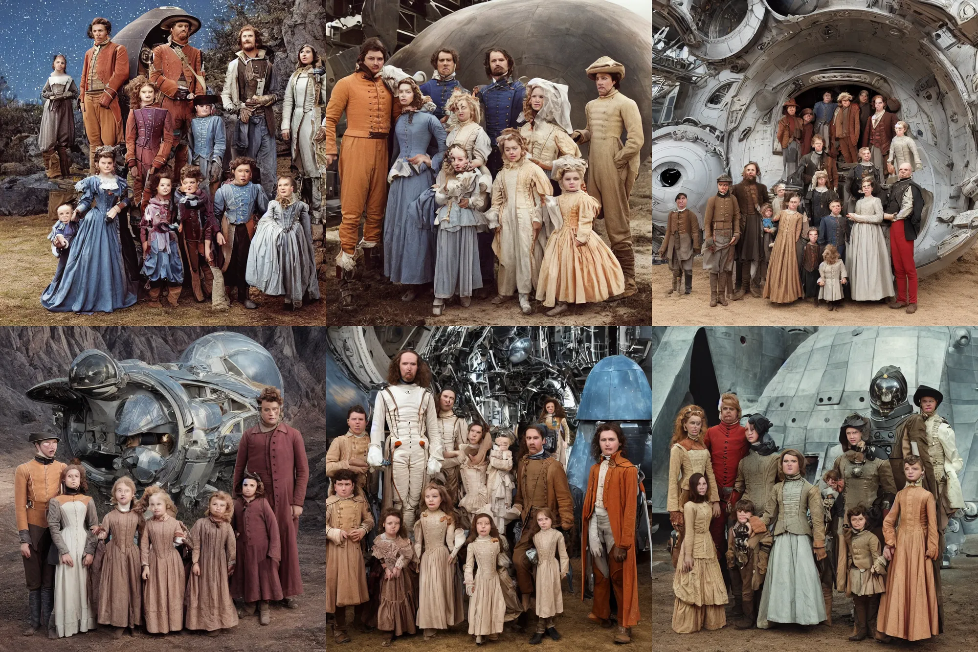 Prompt: highly detailed, 513435456k film, 16800mm film still from a sci fi blockbuster color movie made in 2019, set in 1860, of a family standing in front of a spaceship that has just landed on an alien planet, the family are all wearing 1860s era clothes, good lighting, good photography, ultra high definition