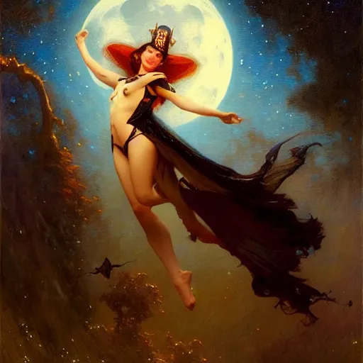 Image similar to attractive witch magically flying trough the night, fantasy, full moon in background. highly detailed painting by gaston bussiere, craig mullins, j. c. leyendecker 8 k