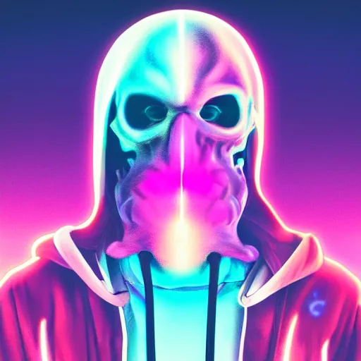 Image similar to swatcat skeletor in hoodie, portrait, vaporwave, synthwave, neon, vector graphics, cinematic, volumetric lighting, f 8 aperture, cinematic eastman 5 3 8 4 film, photorealistic