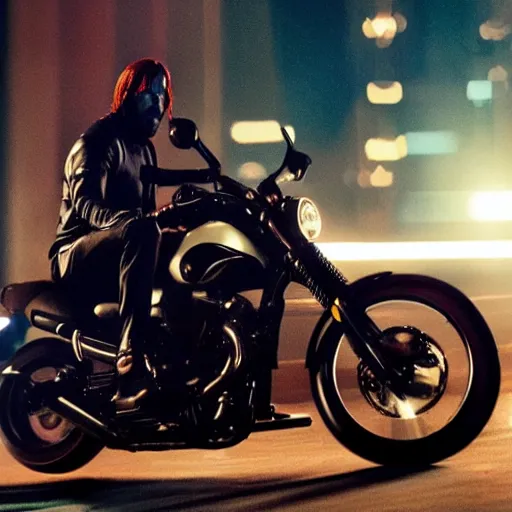 Image similar to chibi john wick riding a sports motorbike at night, movie still, 4 k