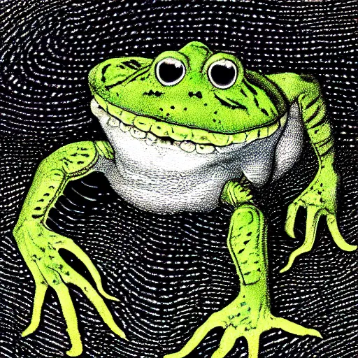Prompt: closeup of an adorable, eldritch frog abomination of unimaginable horror by h. r. giger and junji ito, speculative evolution, psychedelic illustration, op art, sticker illustration