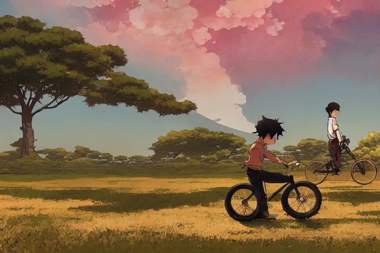 Prompt: a boy riding his bike alone through the plains of rural japan, high intricate details, rule of thirds, golden ratio, cinematic light, anime style, graphic novel by fiona staples and dustin nguyen, by beaststars and orange, peter elson, alan bean, studio ghibli, makoto shinkai