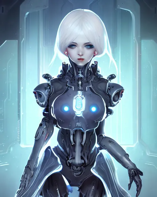 Image similar to holy cyborg necromancer girl, elegant, perfect face, scifi, futuristic, utopia, garden, illustration, atmosphere, warframe, blue eyes, white hair, blade runner, artstation, nier automata, highly detailed, art by yuhong ding and chengwei pan and serafleur and ina wong