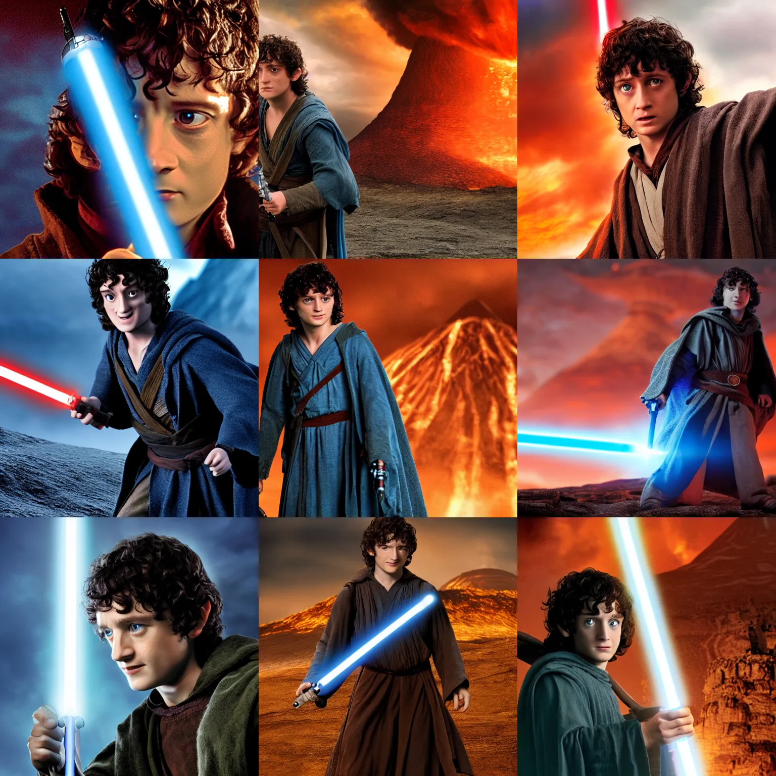Prompt: A front shot of Frodo Baggins with a blue lightsaber on Mount Doom, extreme detail, 4k movie still