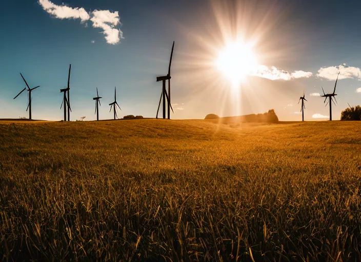 Prompt: a 2 8 mm macro photo of windmills on grassy rolling hills, splash art, movie still, bokeh, canon 5 0 mm, cinematic lighting, dramatic, film, photography, golden hour, depth of field, award - winning, anamorphic lens flare, 8 k, hyper detailed, 3 5 mm film grain, hazy