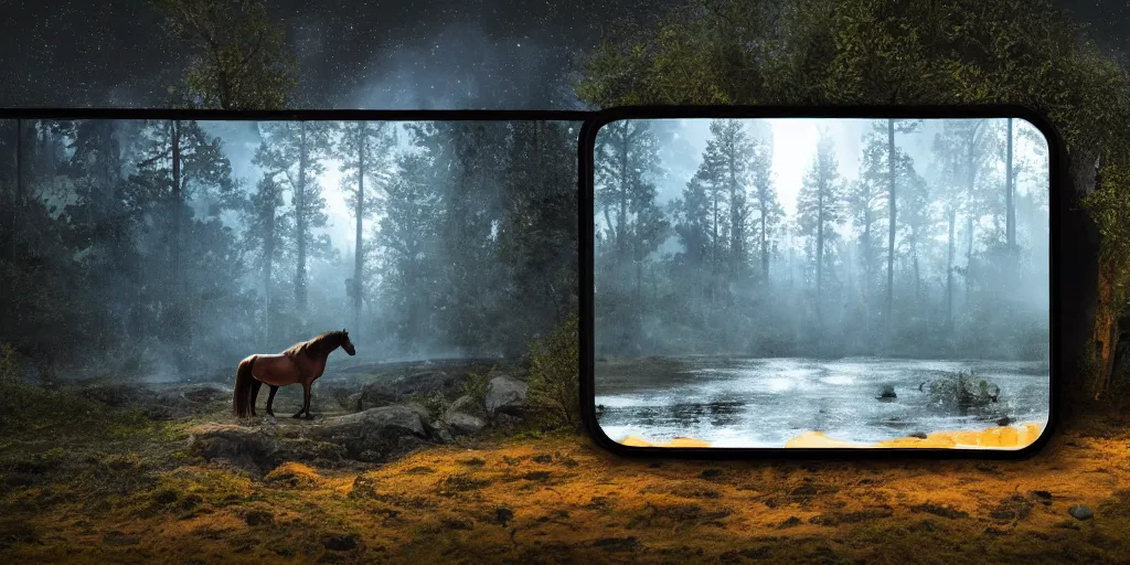 Image similar to a mirror with the shape of a horse drinking in a lava river, in the middle of a forest, in the moonlight, night realism, 4 k, octane render, award winning photograph