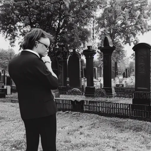 Prompt: A photo of a woman in a black outfit and a man in a black suit talking in a gloomy cemetery