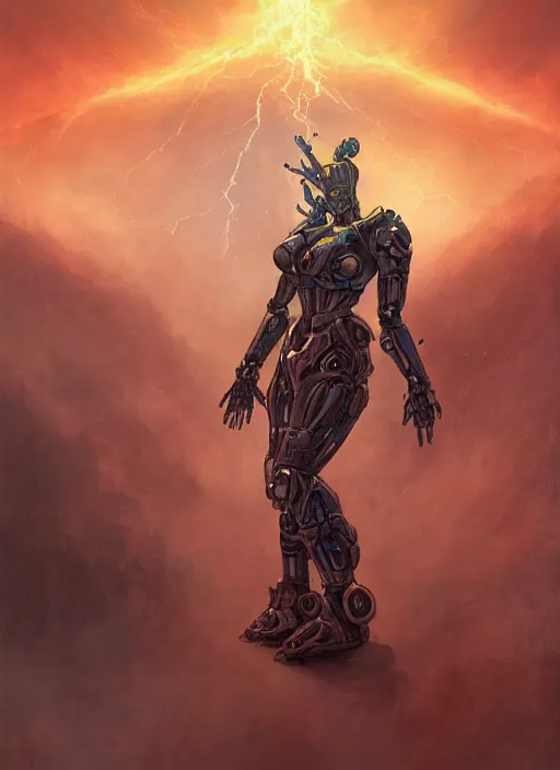 Image similar to biblical hell beautiful female mecha android, shiva, storm, glowing veins, in clouds, sunset, portrait, by peter elson, by lise deharme, muted colors, by frank frazetta, extreme detail, reflections, trending on artstation, 8 k