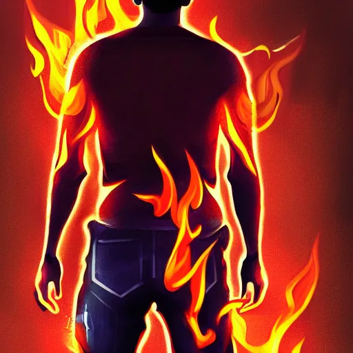 Image similar to young man from behind with flames coming out of hands flying in a cyberpunk city, very detailed, realistic, symmetrical face, art by digital painting,