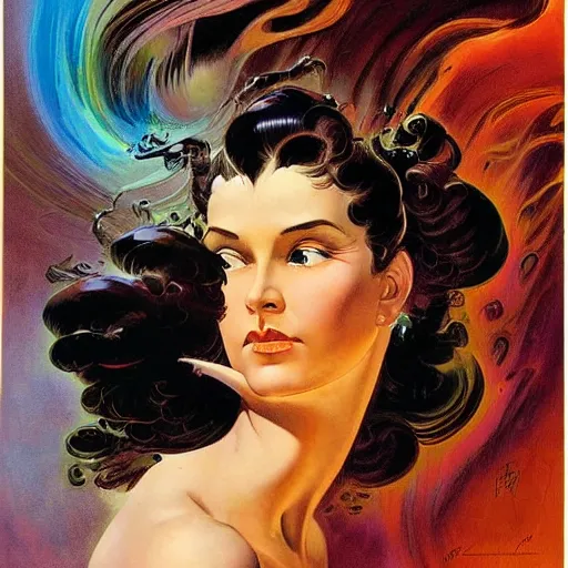 Image similar to portrait of a woman with swirling hair and fractal skin by frank frazetta, retrofuturism, psychedelic art reimagined by industrial light and magic