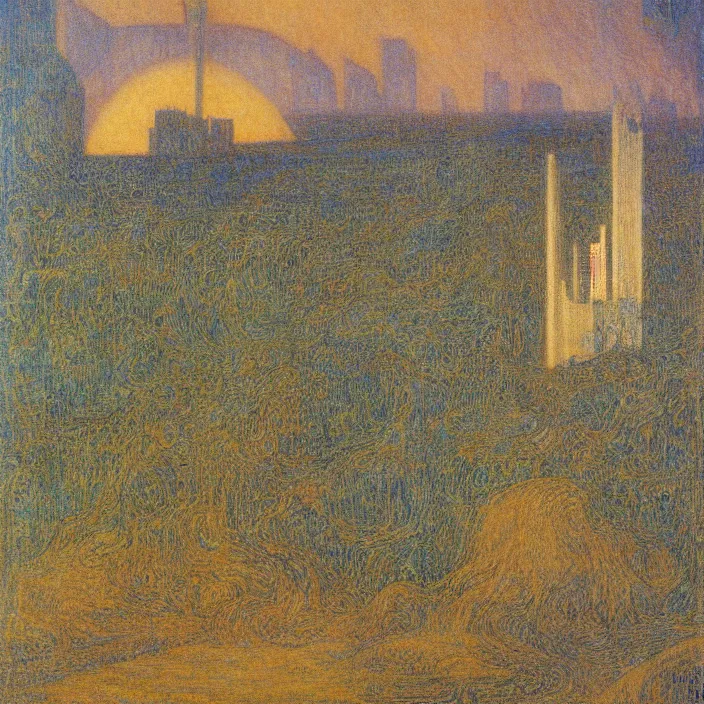 Image similar to a building in a landscape, by jean delville