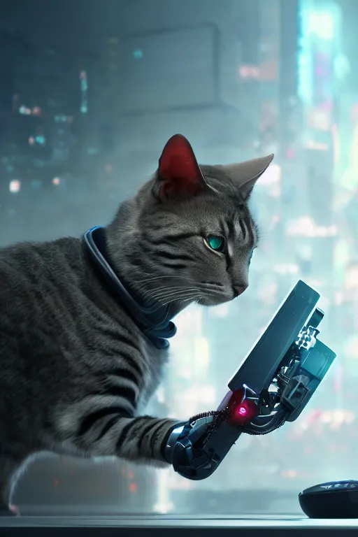 Image similar to portrait of a robotic cat eating a computer mouse. cinematic, cyberpunk, digital art, blender, octane render, volumetric lighting, 8 k, detailed, trending on artstation