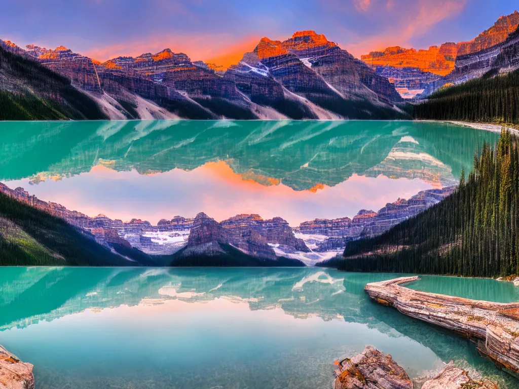 Image similar to lake louise panaroma at dawn detailed luminescent oil painting 4 k