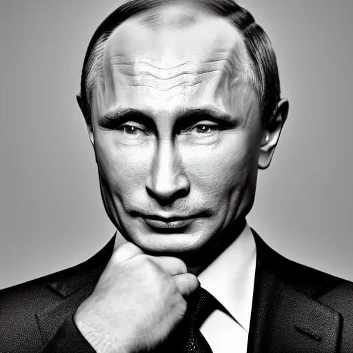 Image similar to vladimir putin sigma male, megachad, grindset, muscular, black and white image, powerful jaw, smiling, 8 k, professional portrait photography