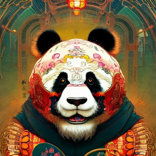 Image similar to a beautiful hyperdetailed character design 4 k wallpaper illustration of a cute panda with a chinese lion dance head victo ngai cyberpunk style, from china, style of studio ghibli, makoto shinkai, raphael lacoste, louis comfort tiffany, artgerm, james jean, ross tran, chinese style