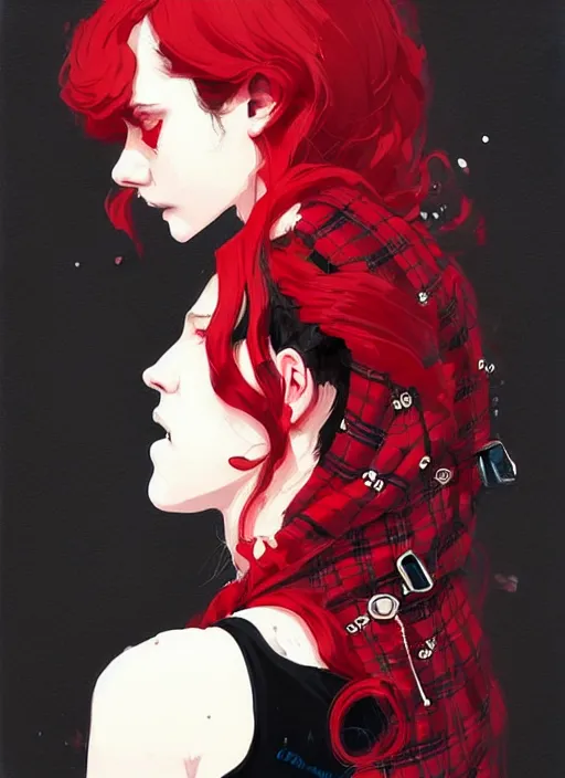 Image similar to highly detailed portrait of a goth teenager, tartan hoody, ringlet hair by atey ghailan, by greg rutkowski, by greg tocchini, by james gilleard, by joe fenton, by kaethe butcher, gradient red, black, cream and white color scheme, trending in pinterest, award winning details