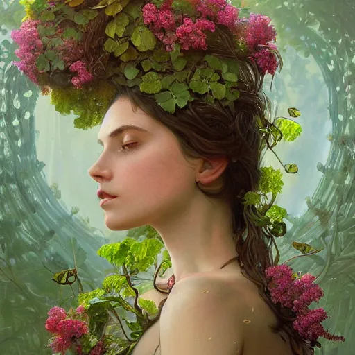 Image similar to a gorgeous young woman covered in plants, flowers and vine being one with her body, human plant hybrid, nature, intricate, headshot, highly detailed, digital painting, artstation, concept art, sharp focus, cinematic lighting, illustration, art by artgerm and greg rutkowski, alphonse mucha, cgsociety