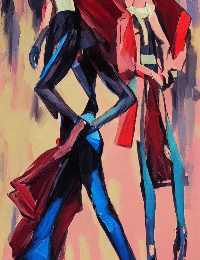 Prompt: runway fashion. this heavily stylized oil painting by the award - winning comic artist has interesting color contrasts, plenty of details and impeccable lighting.