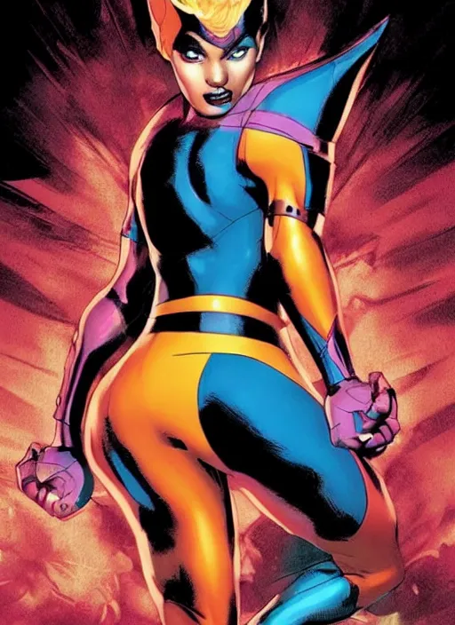 Image similar to jubilee from x-men, high contrast, concept art, dramatic lighting, portrait, facing forward, face in focus, art by Jim Lee-i