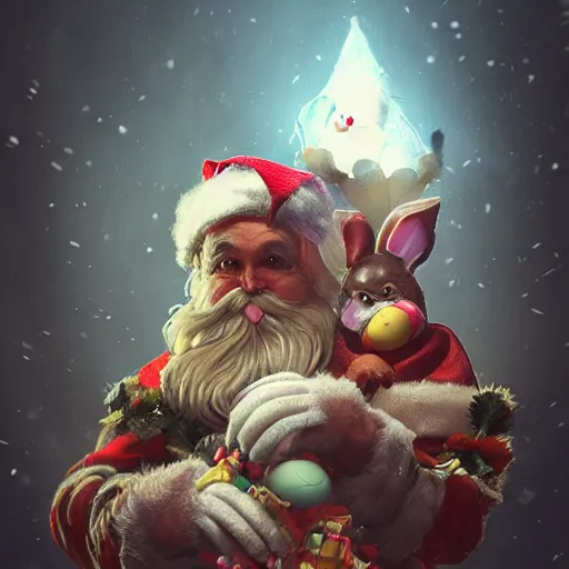 Prompt: nightmarish mix of santa and easter bunny, mystical, volumetric lighting, super detailed intricate, in the style of Filipe Pagliuso on Artstation