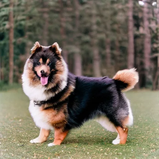 Prompt: excited brown and tan domino finnish lapphund, 35mm photograph