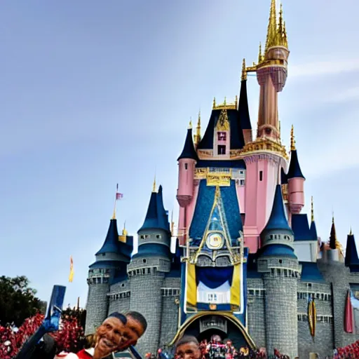 Prompt: barack obama takes a selfie in front of the disney world castle