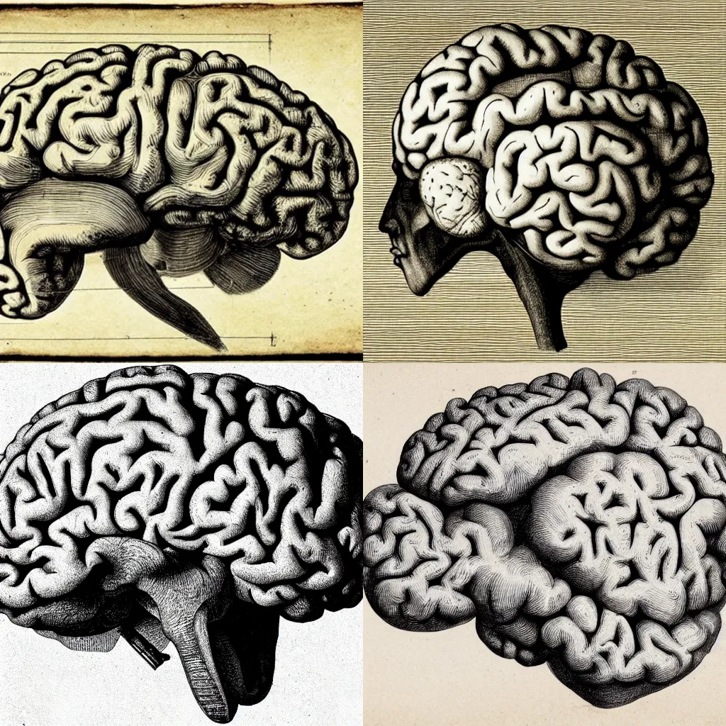 Prompt: Medical illustration of a brain from the 1800s, very detailed, Leonardo da Vinci