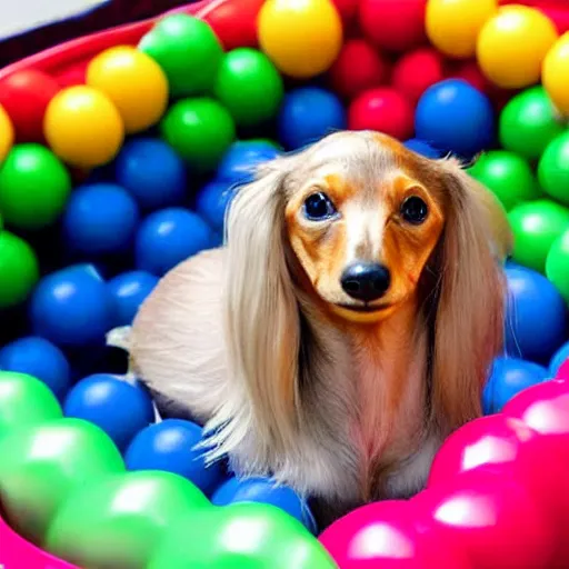 Image similar to long haired blonde miniature dachshund in a ball pit