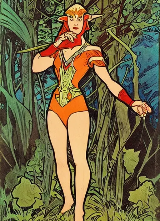 Image similar to a beautiful young woman. she is a woodland elf. well composed, clean elegant painting, beautiful detailed face. retro comic book art by steve ditko and jack kirby and ( alphonse mucha )